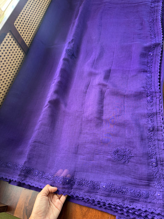 Pure Mul Chanderi Chikankari Saree with Jaal Heavy Blouse - Violet