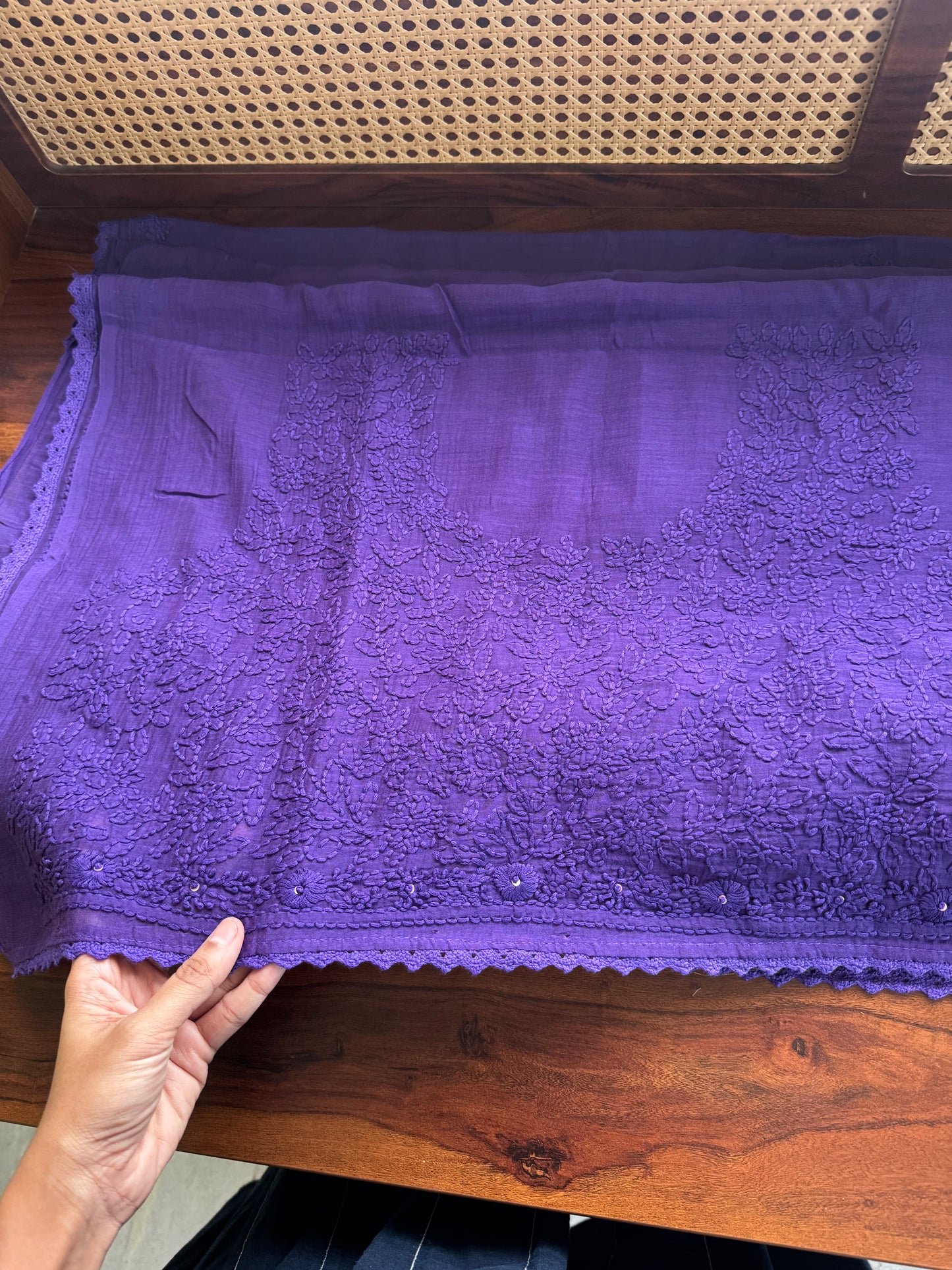Pure Mul Chanderi Chikankari Saree with Jaal Heavy Blouse - Violet