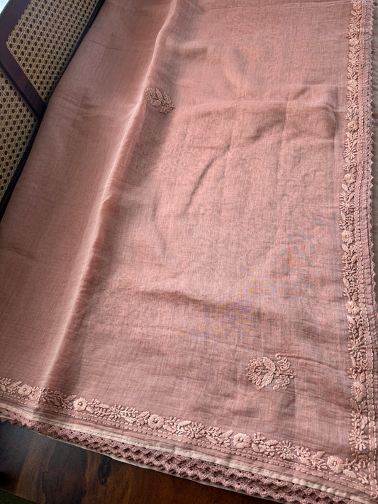 Pure Mul Chanderi Chikankari Saree with Jaal Heavy Blouse - Pastel Peach