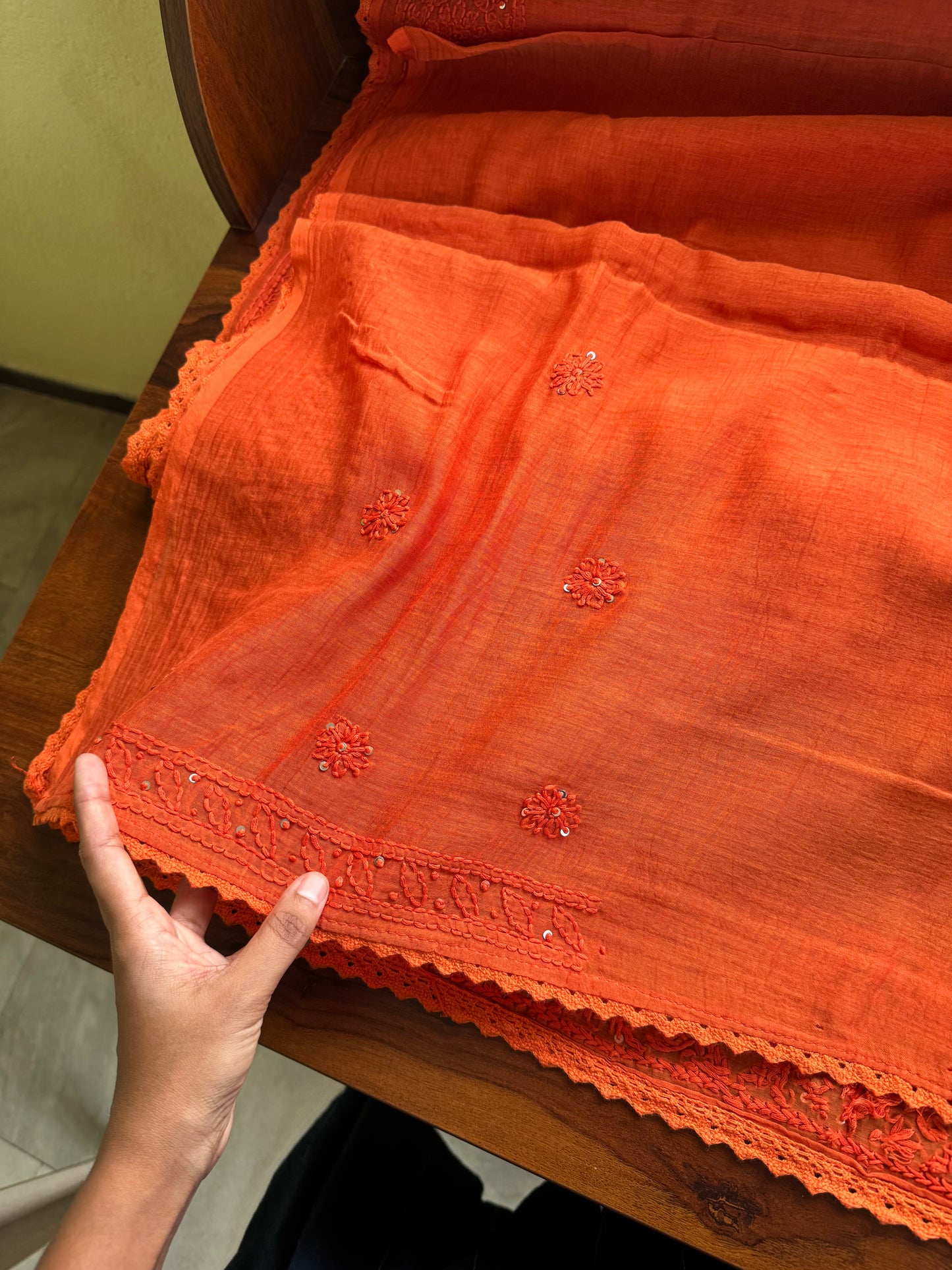 Pure Mul Chanderi Chikankari Saree - Orange