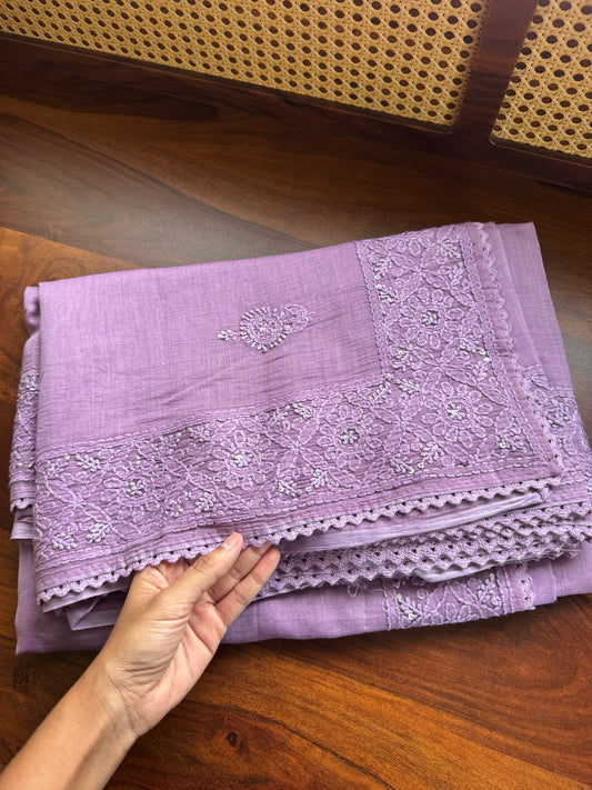 Pure Mul Chanderi Chikankari Saree - Lavender