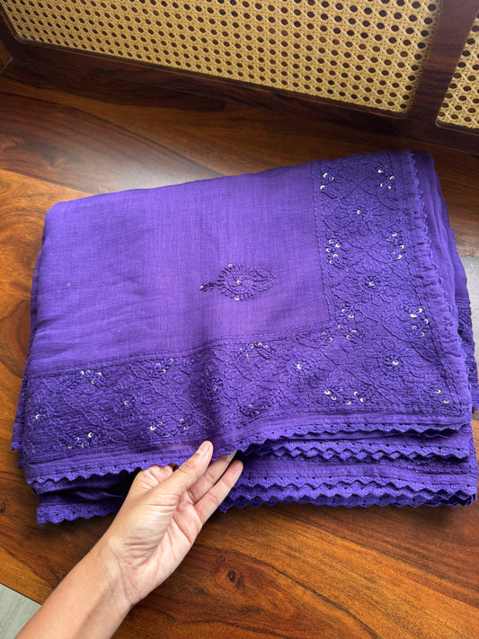 Pure Mul Chanderi Chikankari Saree - Violet