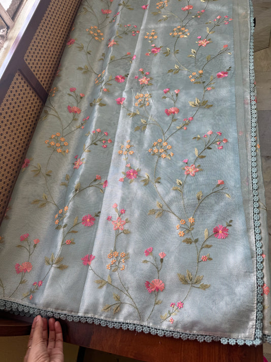 Floral Tissue Saree -Metallic Blue