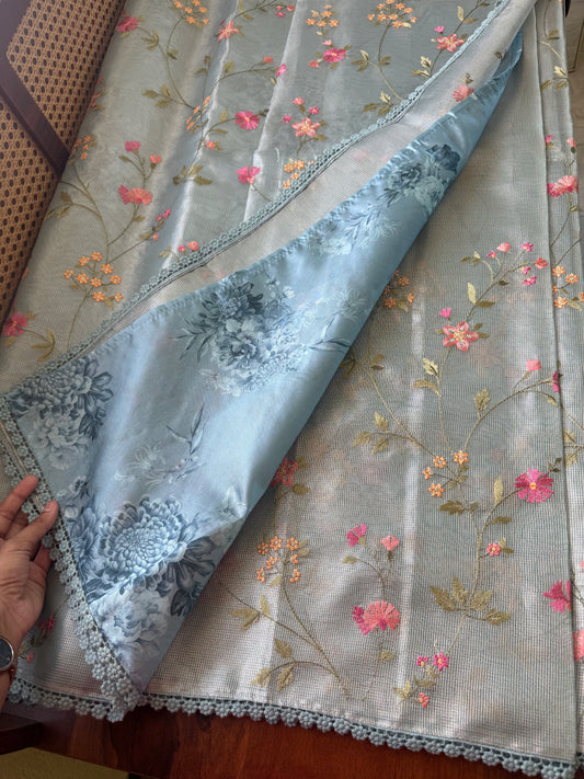 Floral Tissue Saree -Metallic Blue