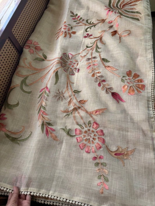 Premium Tissue Linen Sarees with appliqué work - Half White & Multicolour