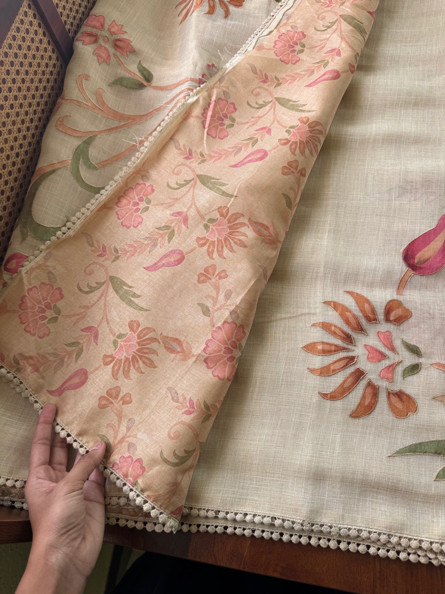 Premium Tissue Linen Sarees with appliqué work - Half White & Multicolour