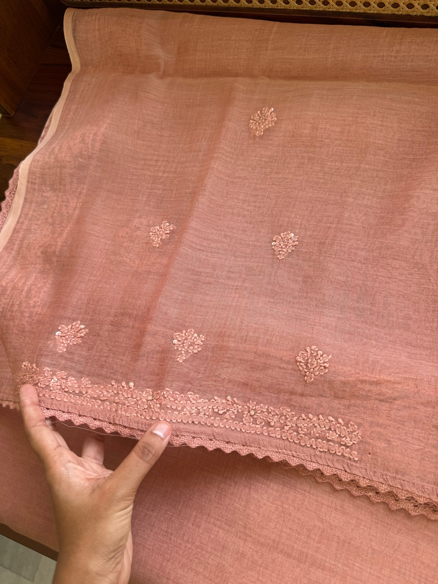 Pure Mul Chanderi Chikankari Saree - Pastel Peach