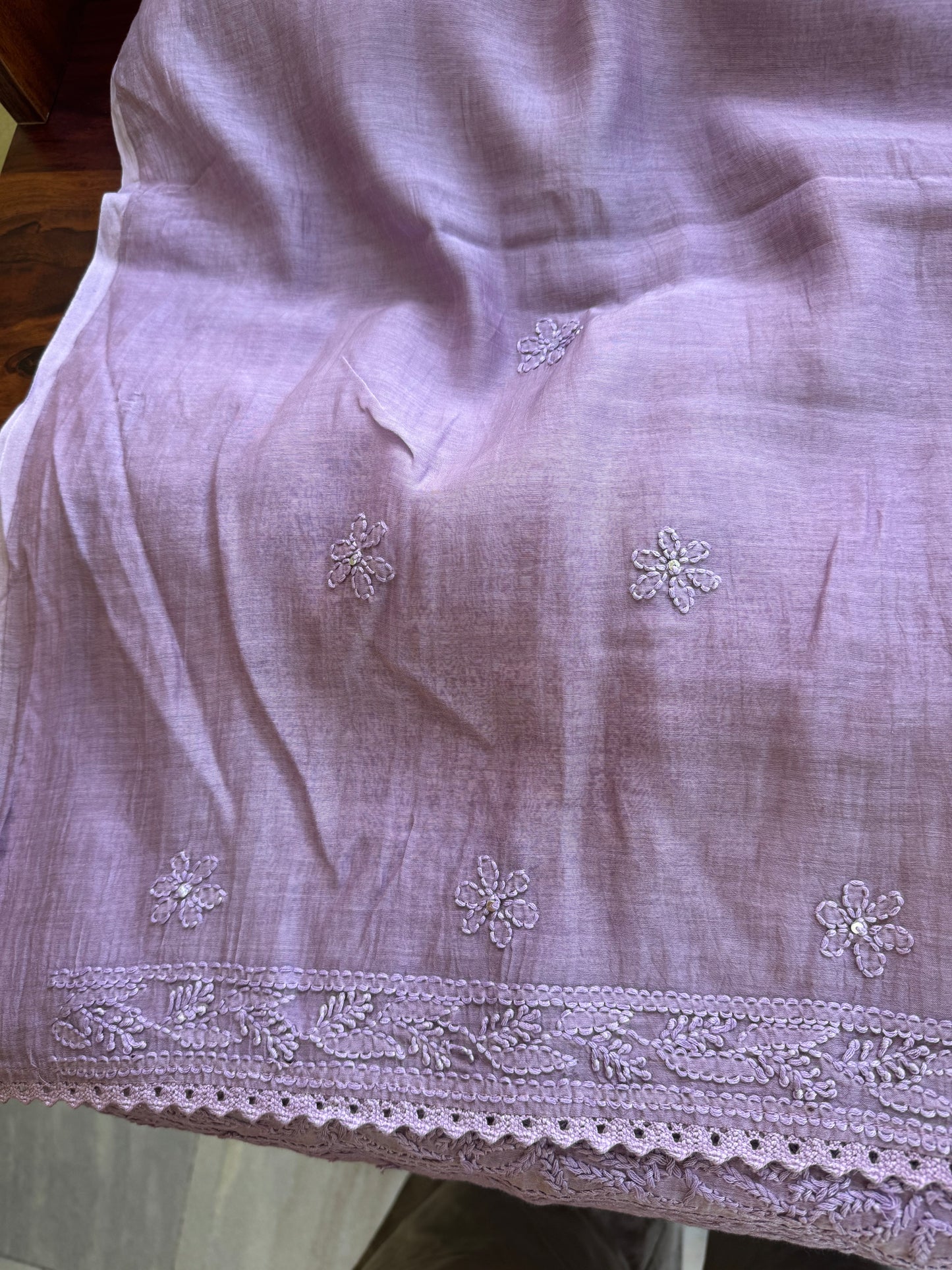 Pure Mul Chanderi Chikankari Saree - Lavender