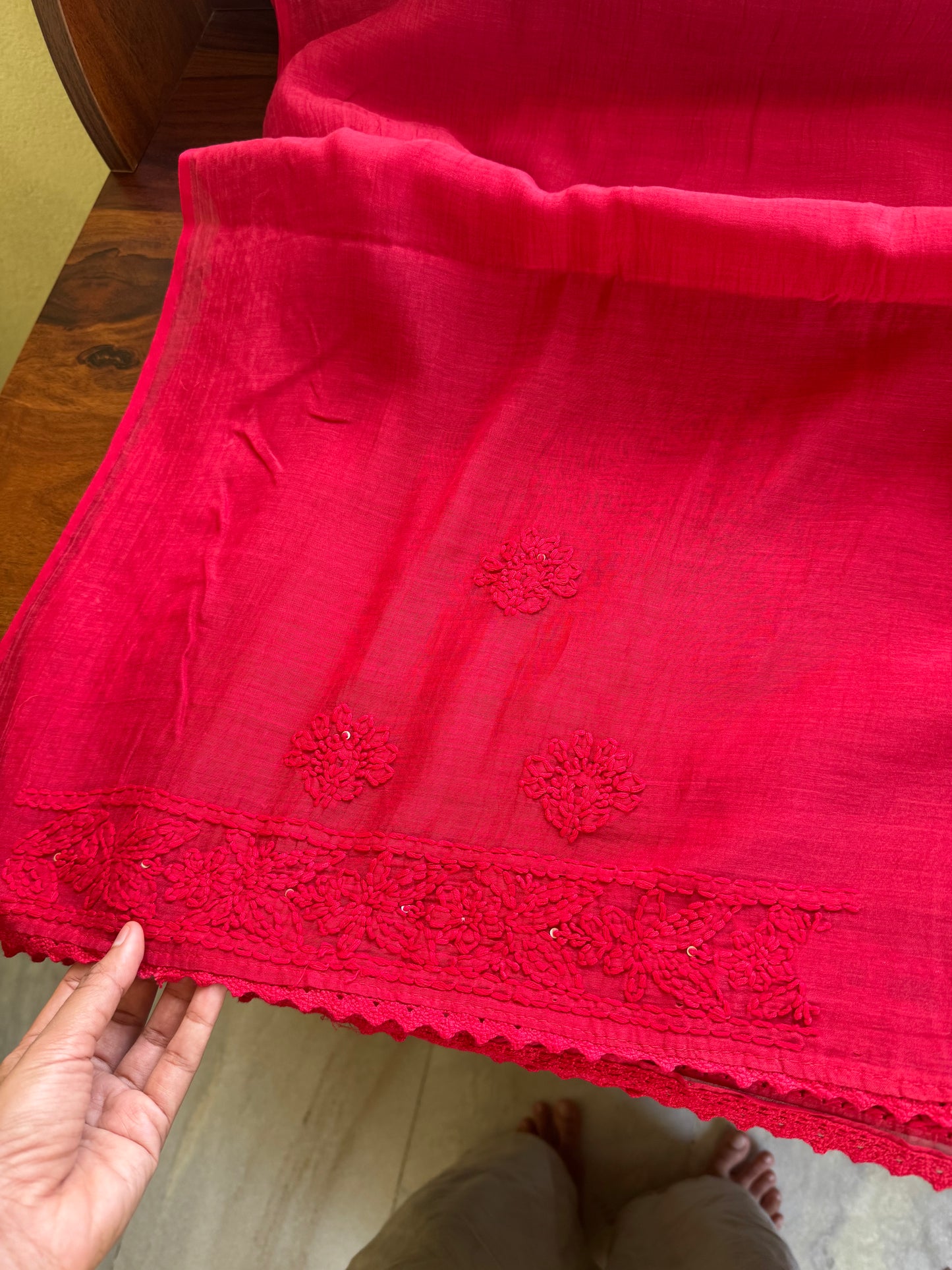 Pure Mul Chanderi Chikankari Saree - Crimson Red