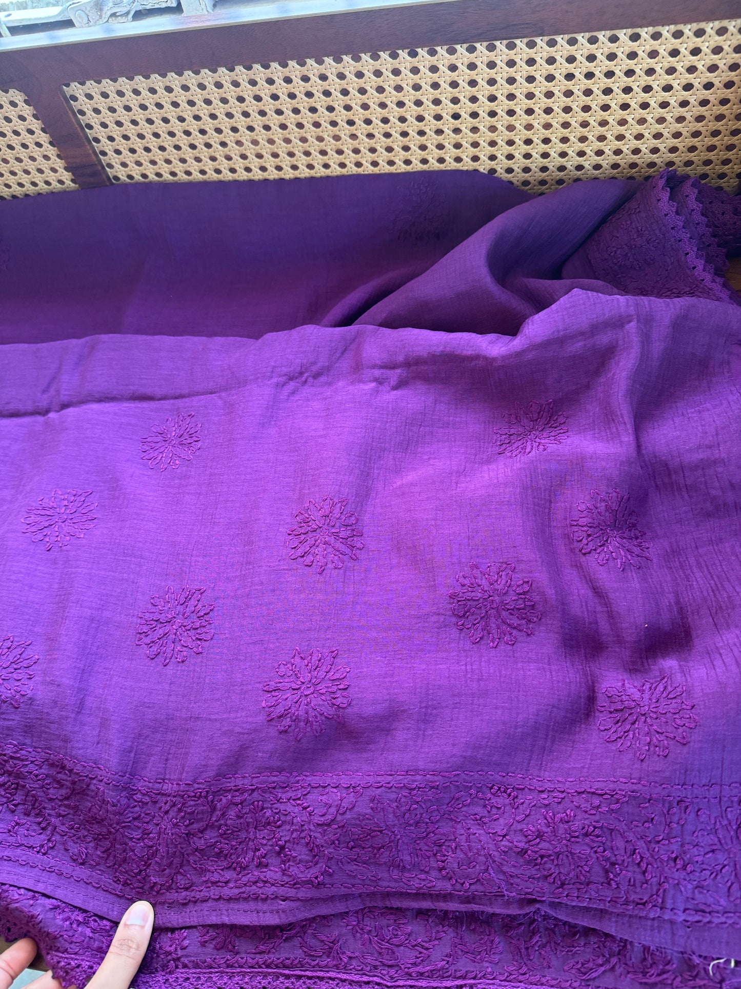 Pure Mul Chanderi Chikankari Saree with Jaal Pallu - Purple