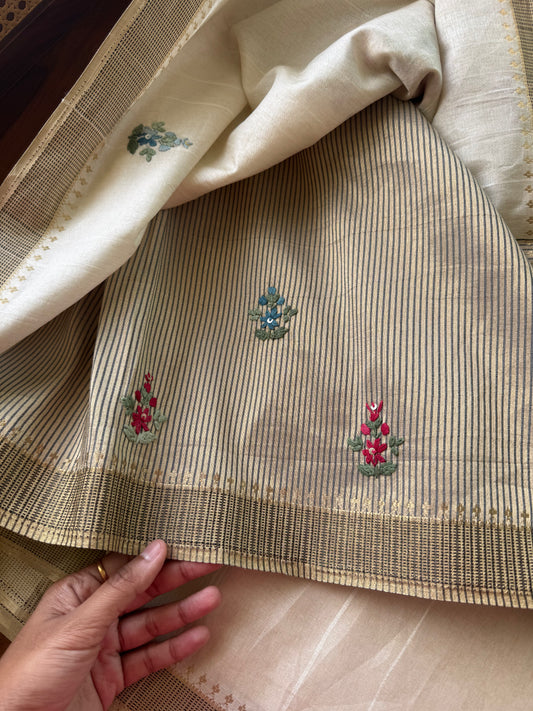 Hand Embroidered Tussar Blend Saree - Halfwhite