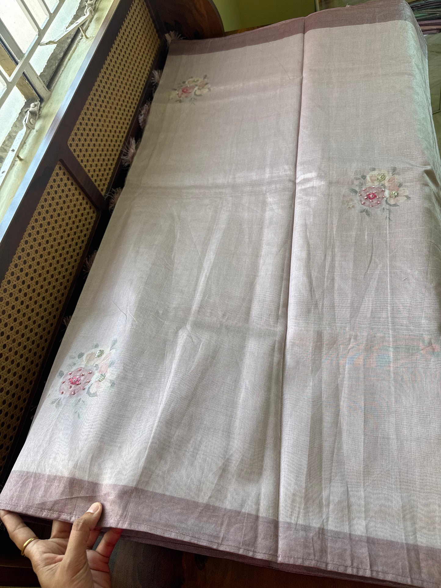 Floral Handwork Tissue Saree - Dusty Pink
