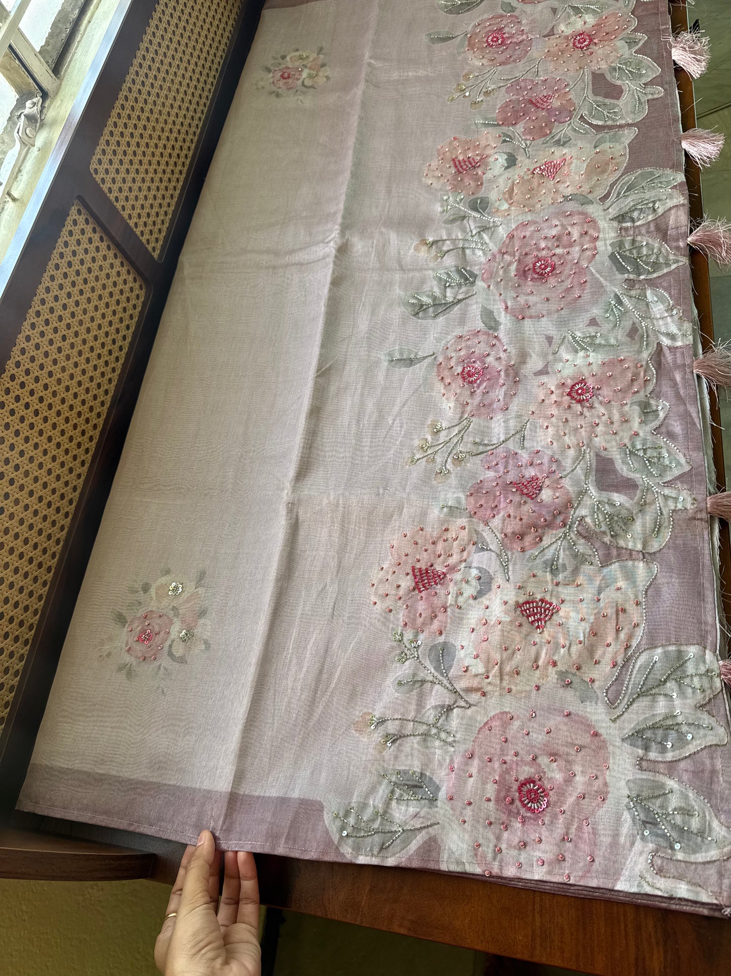 Floral Handwork Tissue Saree - Dusty Pink