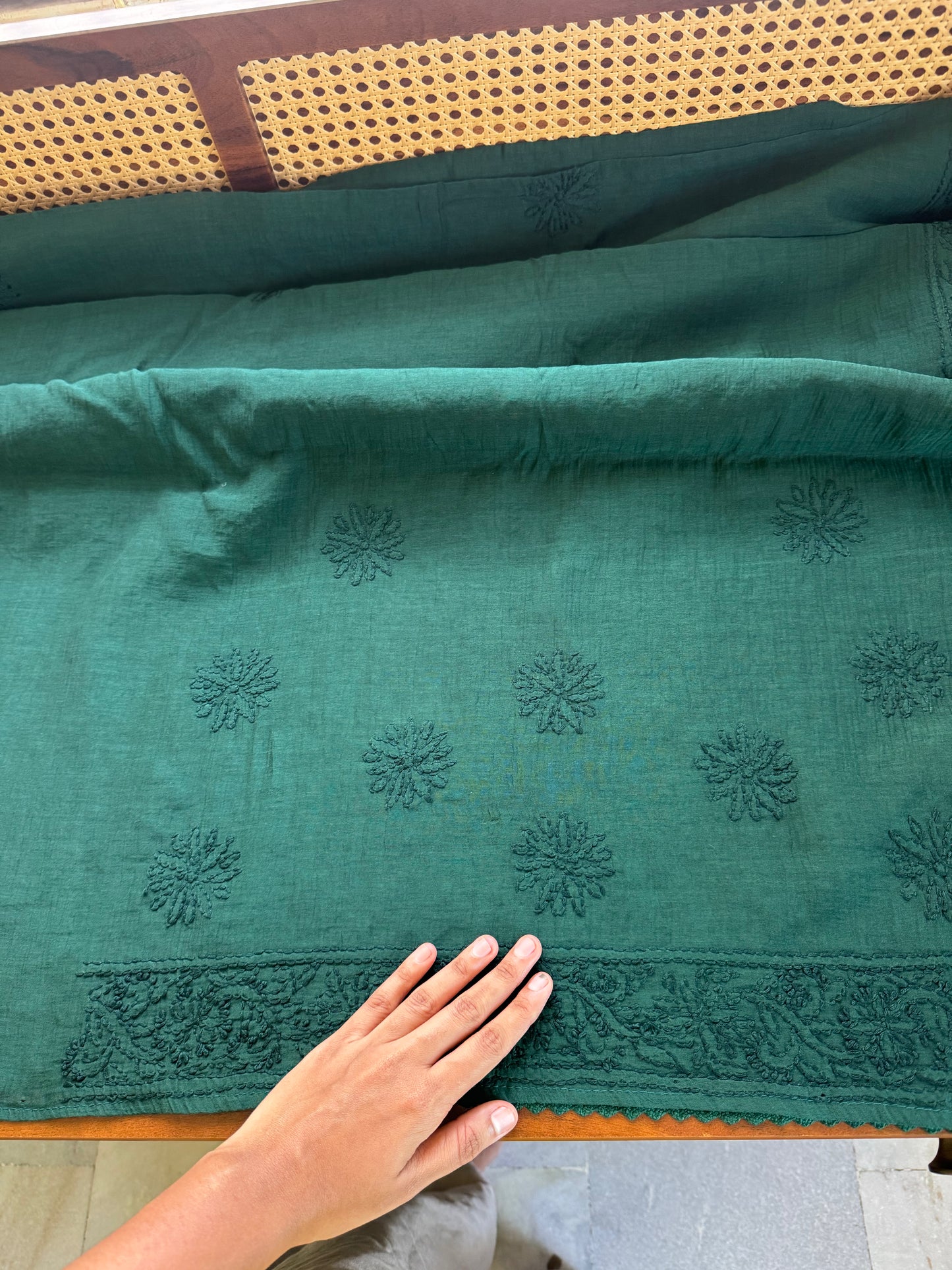 Pure Mul Chanderi Chikankari Saree with Jaal Pallu - Green