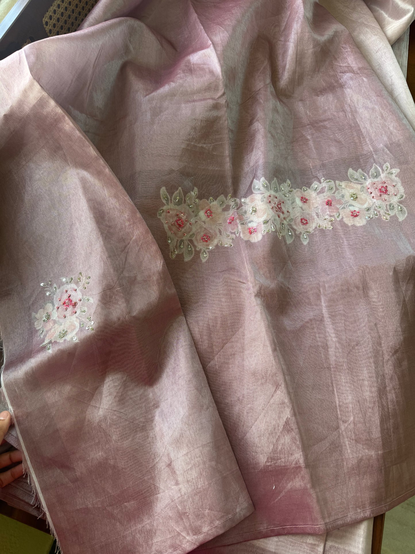 Floral Handwork Tissue Saree - Dusty Pink