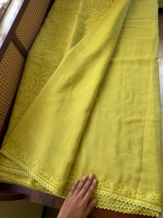 Pure Mul Chanderi Chikankari Saree with Jaal Pallu & Blouse - Lime Green