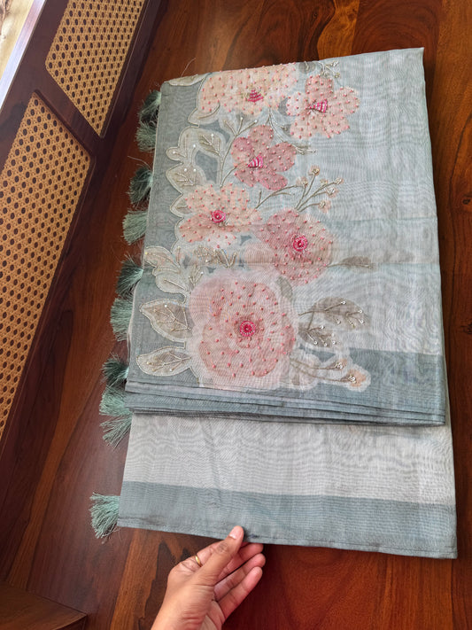 Floral Handwork Tissue Saree - Pastel Blue