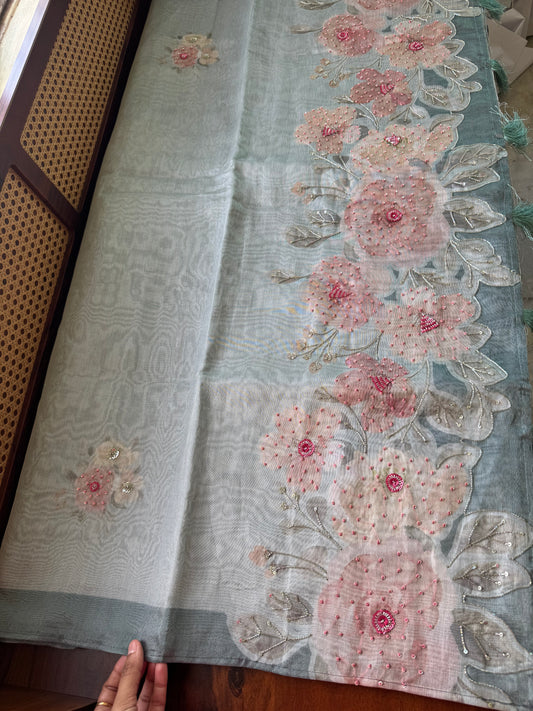 Floral Handwork Tissue Saree - Pastel Blue