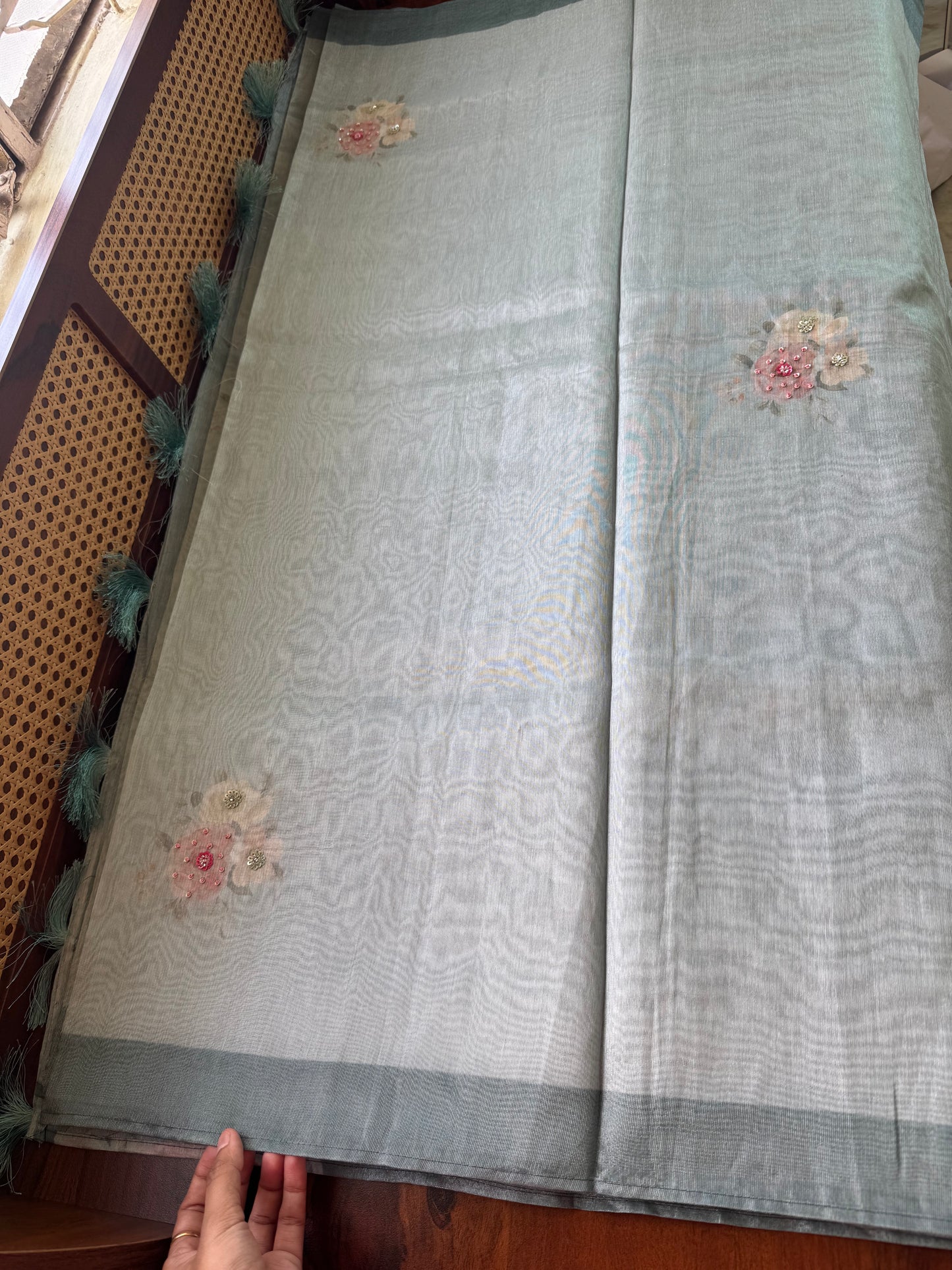 Floral Handwork Tissue Saree - Pastel Blue