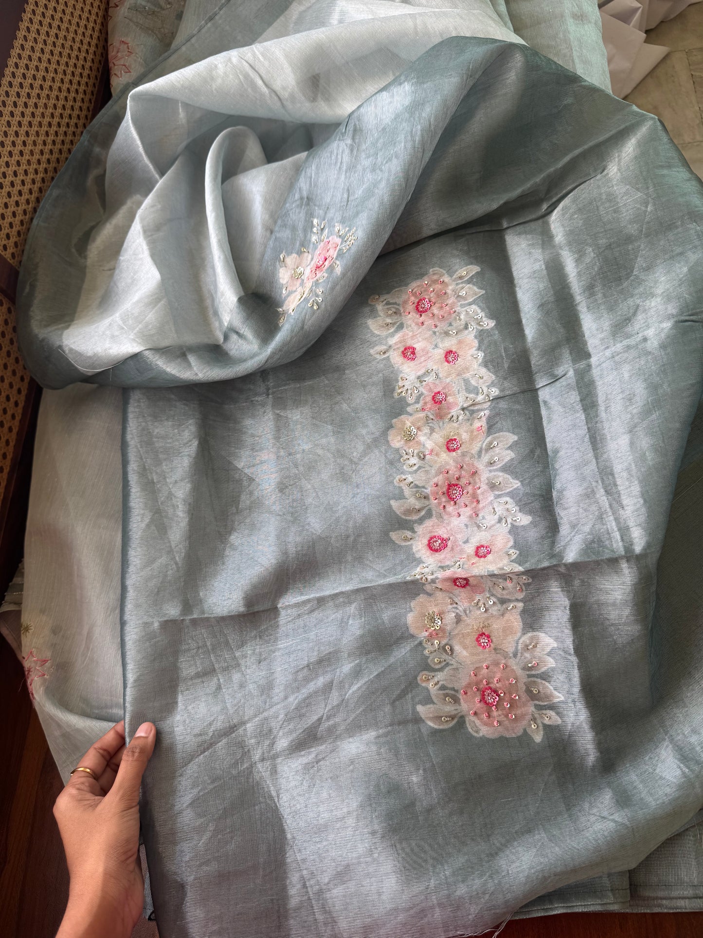 Floral Handwork Tissue Saree - Pastel Blue