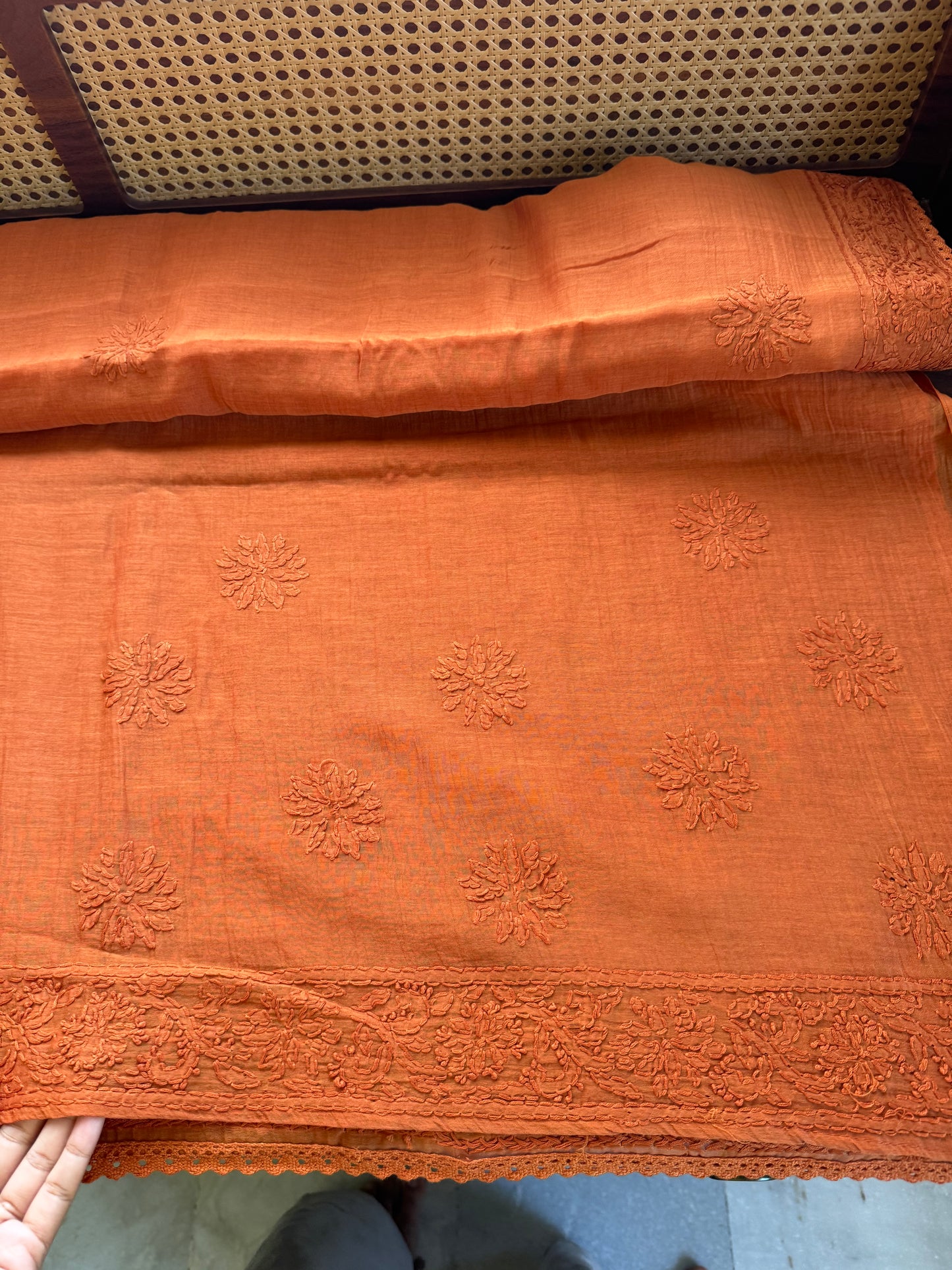 Pure Mul Chanderi Chikankari Saree with Jaal Pallu - Rustic Orange