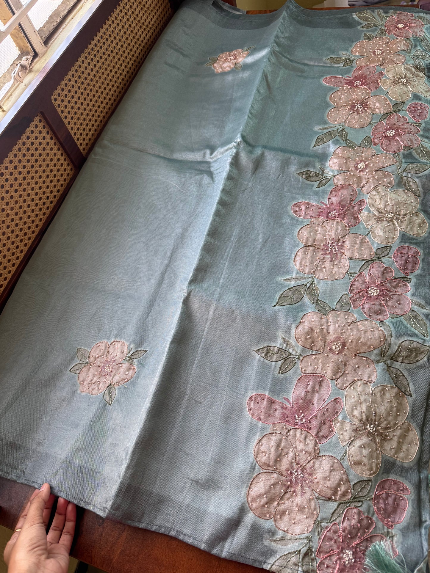 Floral Handwork Tissue Saree -Greyish Blue