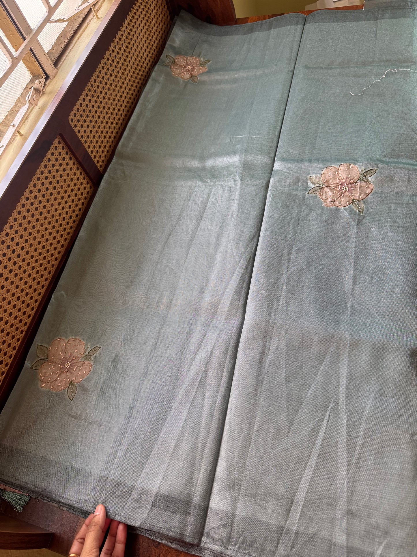 Floral Handwork Tissue Saree -Greyish Blue