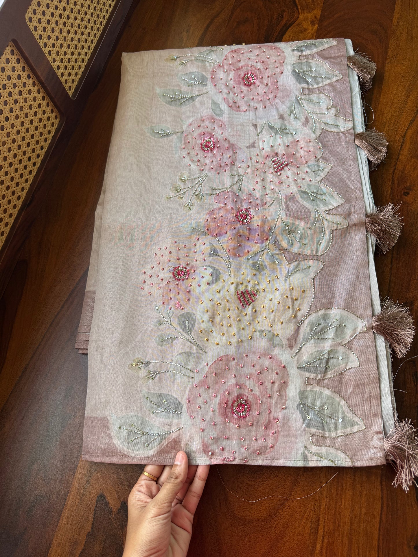 Floral Handwork Tissue Saree -Pinkish Brown
