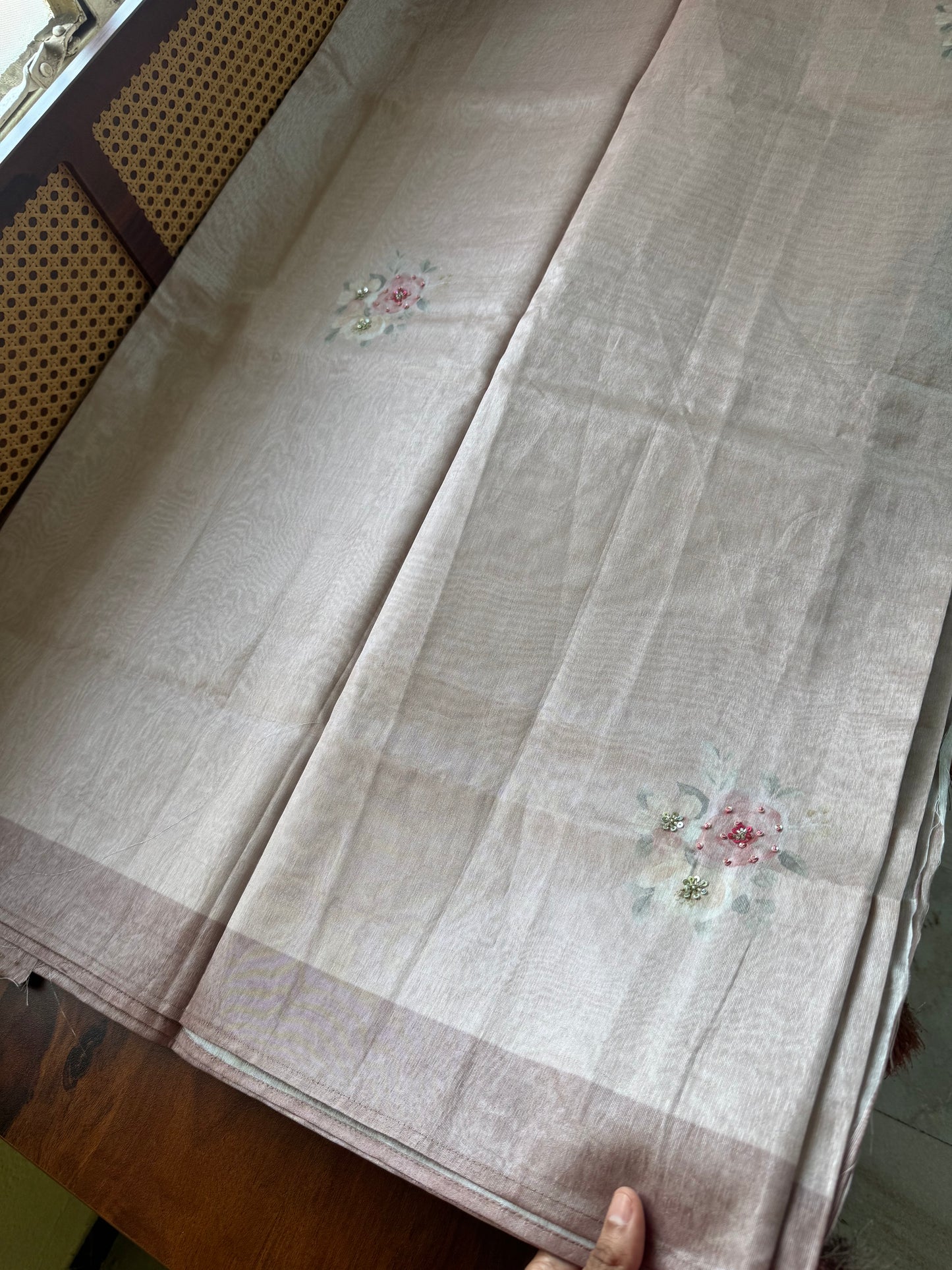 Floral Handwork Tissue Saree -Pinkish Brown
