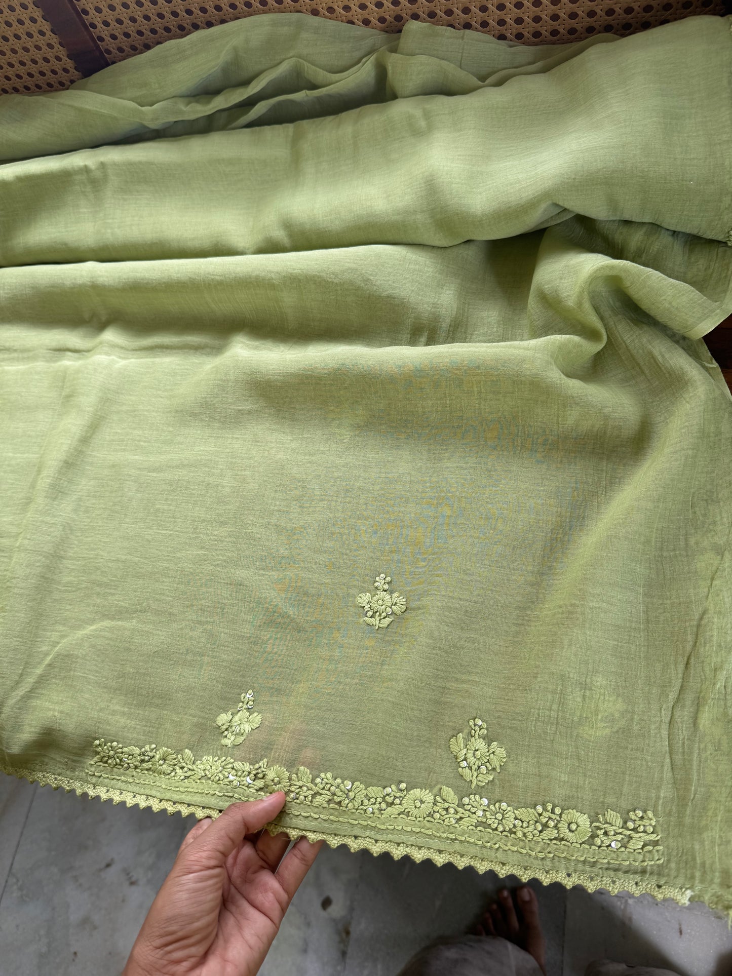 Pure Mul Chanderi Chikankari Saree - Pastel Green