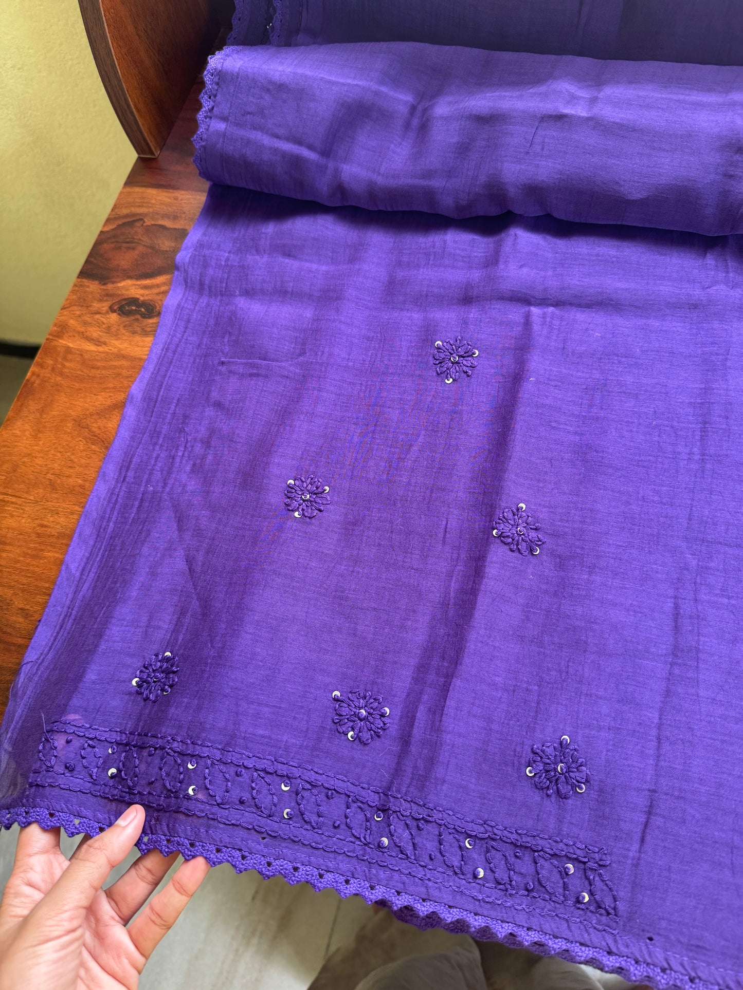 Pure Mul Chanderi Chikankari Saree - Violet