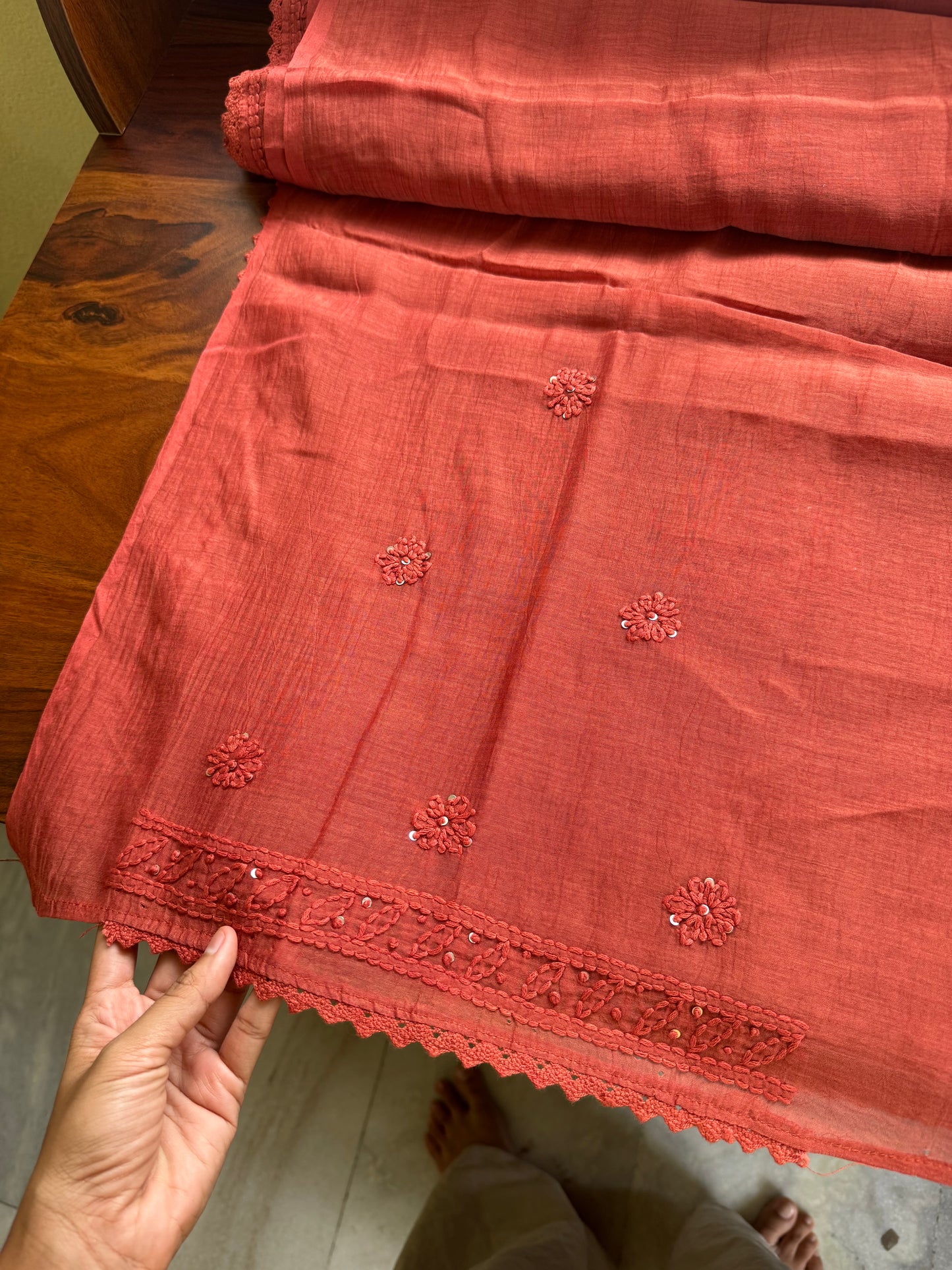 Pure Mul Chanderi Chikankari Saree - Rustic Orange
