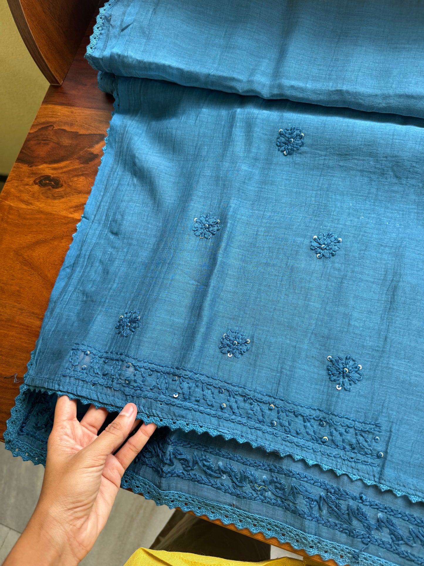 Pure Mul Chanderi Chikankari Saree - Peacock Blue
