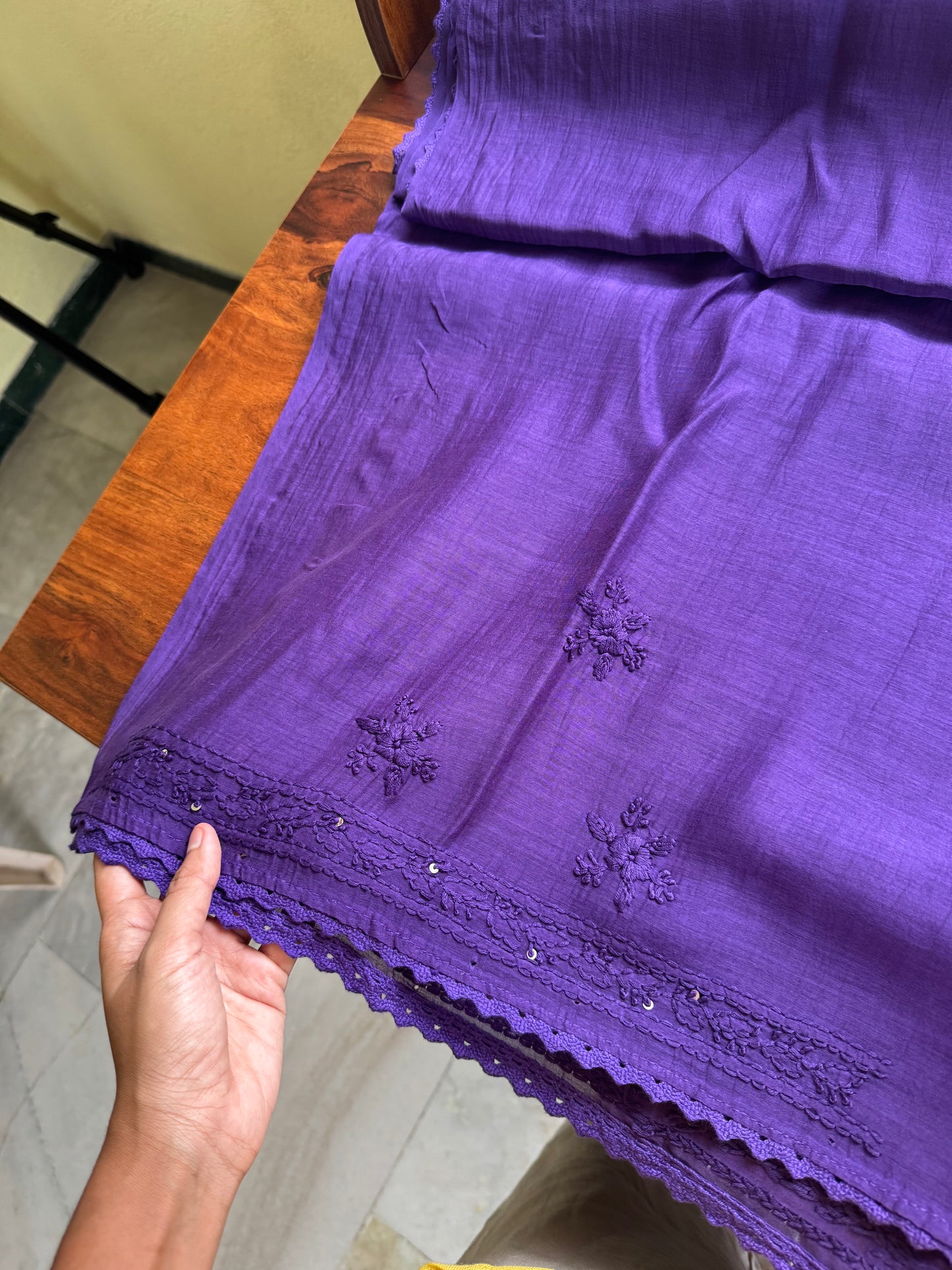 Pure Mul Chanderi Chikankari Saree - Violet