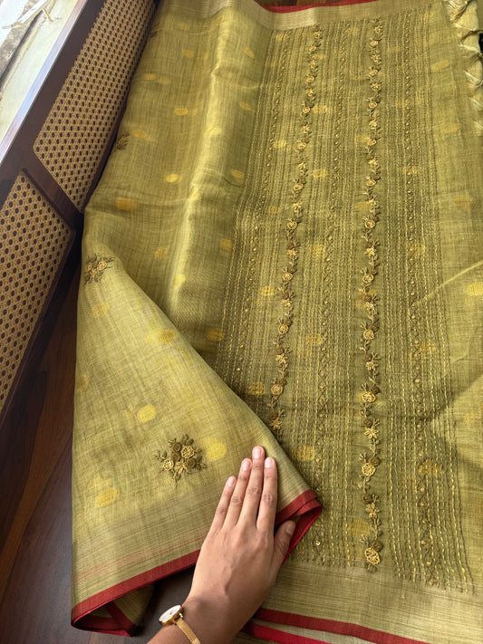 Premium Tissue Linen Sarees with heavy blouse - Green