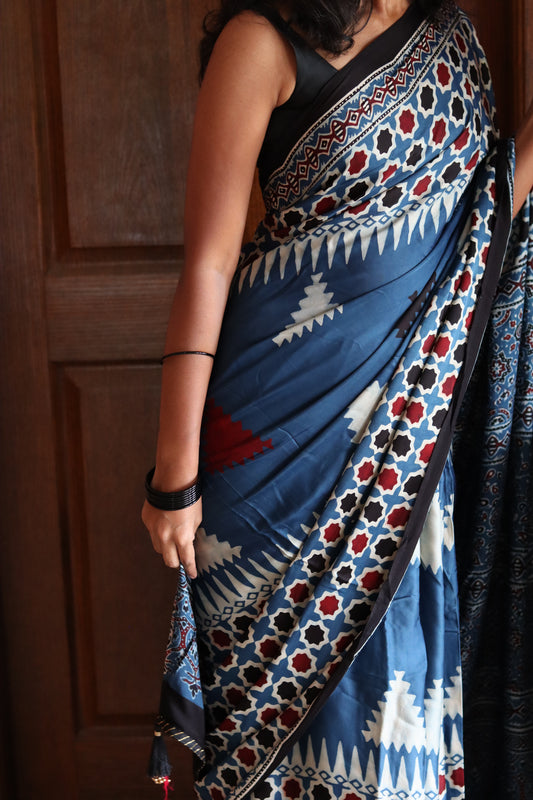 Ajrakh Modal Silk Saree - Blue