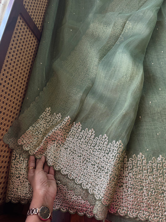 Luxe Sequin Georgette Saree - Green