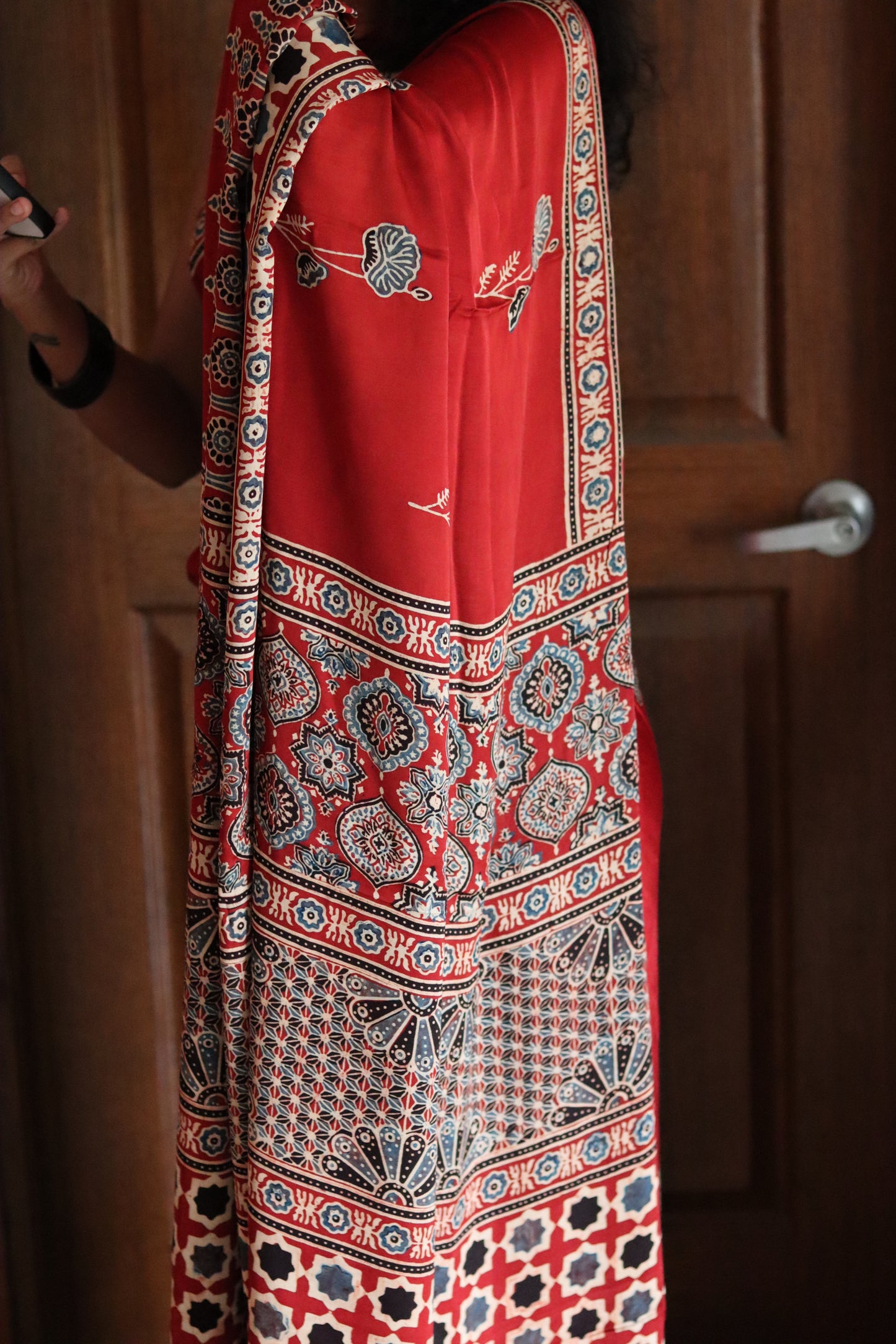 Ajrakh Modal Silk Saree - Rustic Red