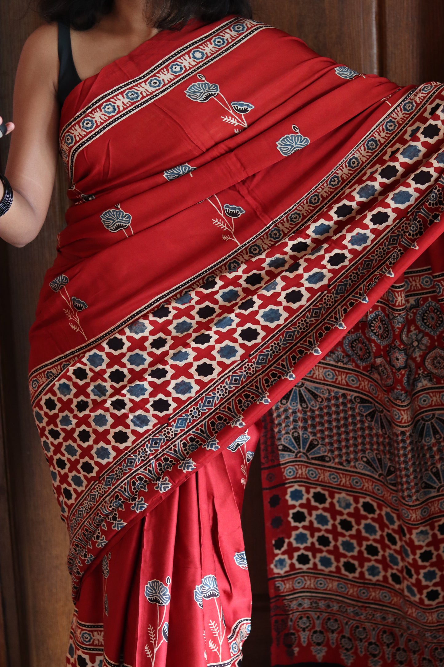 Ajrakh Modal Silk Saree - Rustic Red