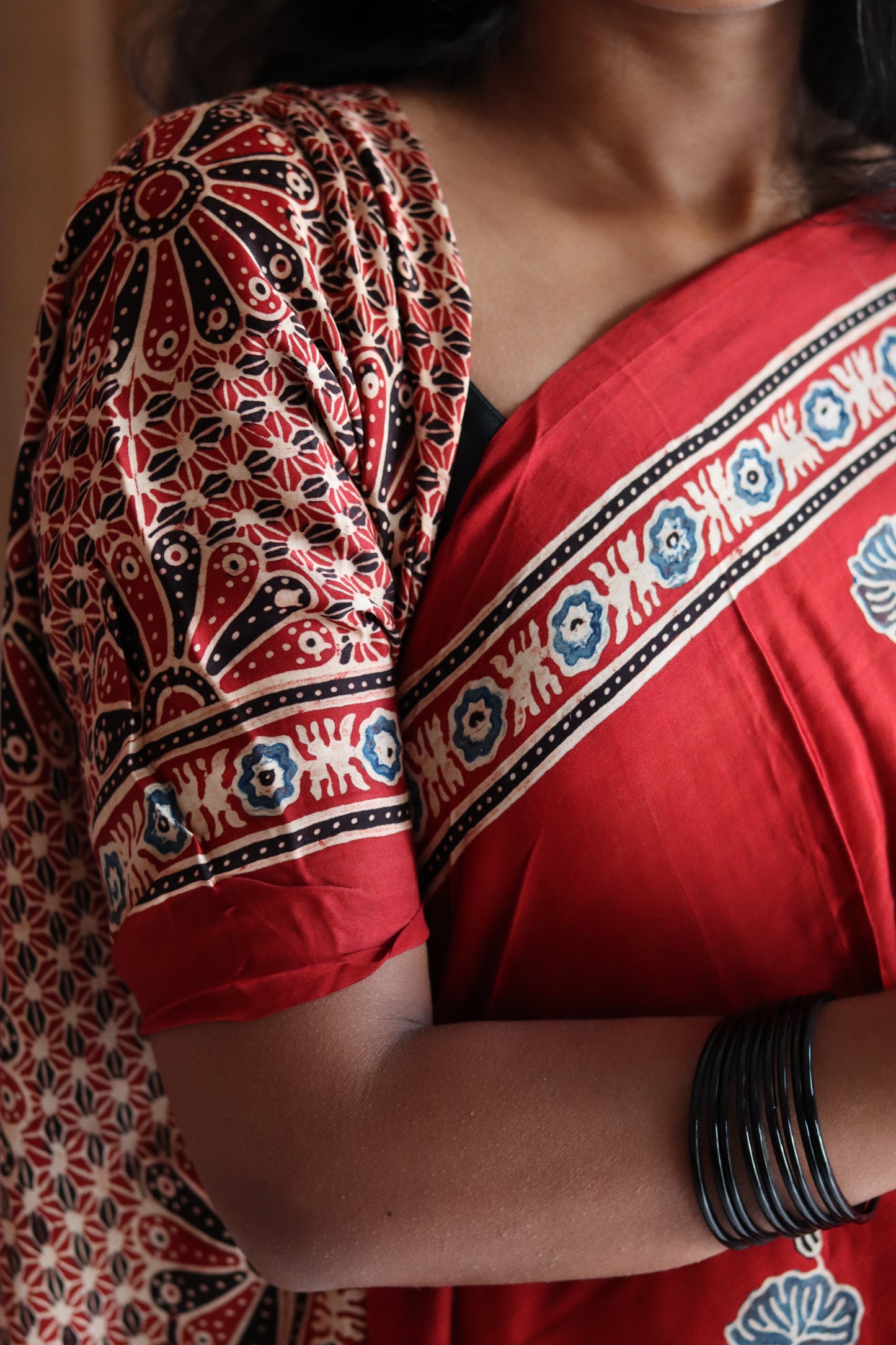 Ajrakh Modal Silk Saree - Rustic Red