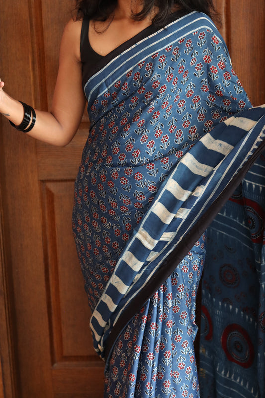 Ajrakh Modal Silk Saree - Blue