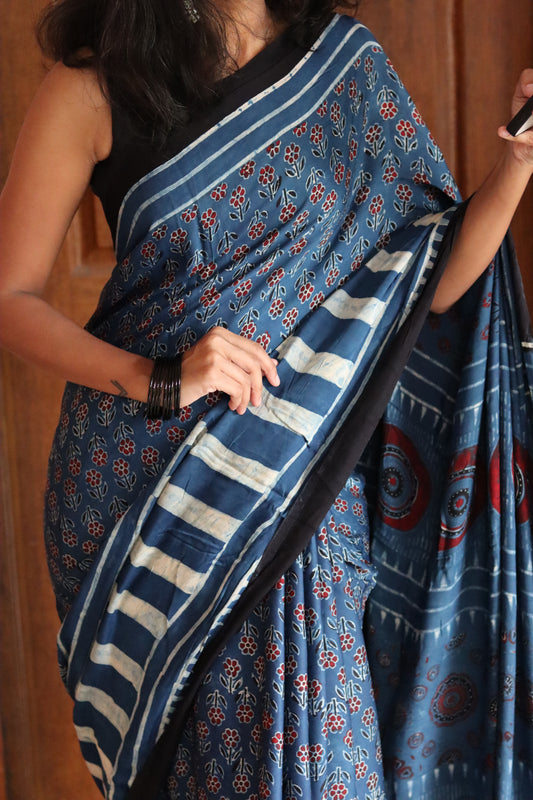 Ajrakh Modal Silk Saree - Blue