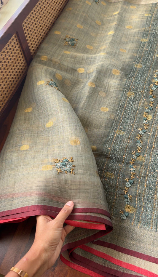 Premium Tissue Linen Sarees with heavy blouse - Blueish Grey