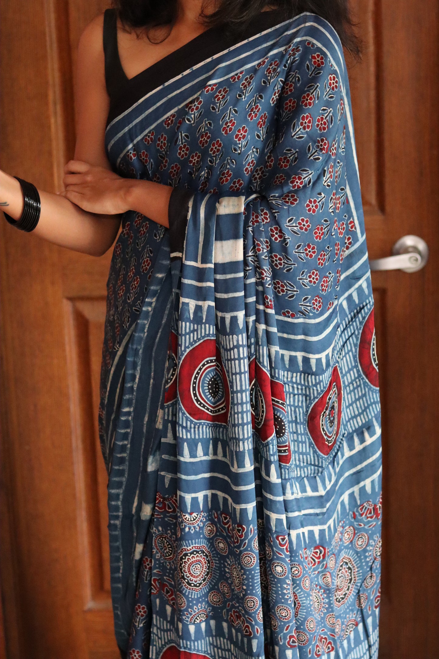 Ajrakh Modal Silk Saree - Blue