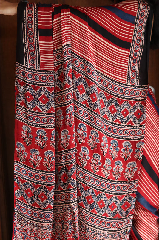 Ajrakh Modal Silk Saree - Red & Black
