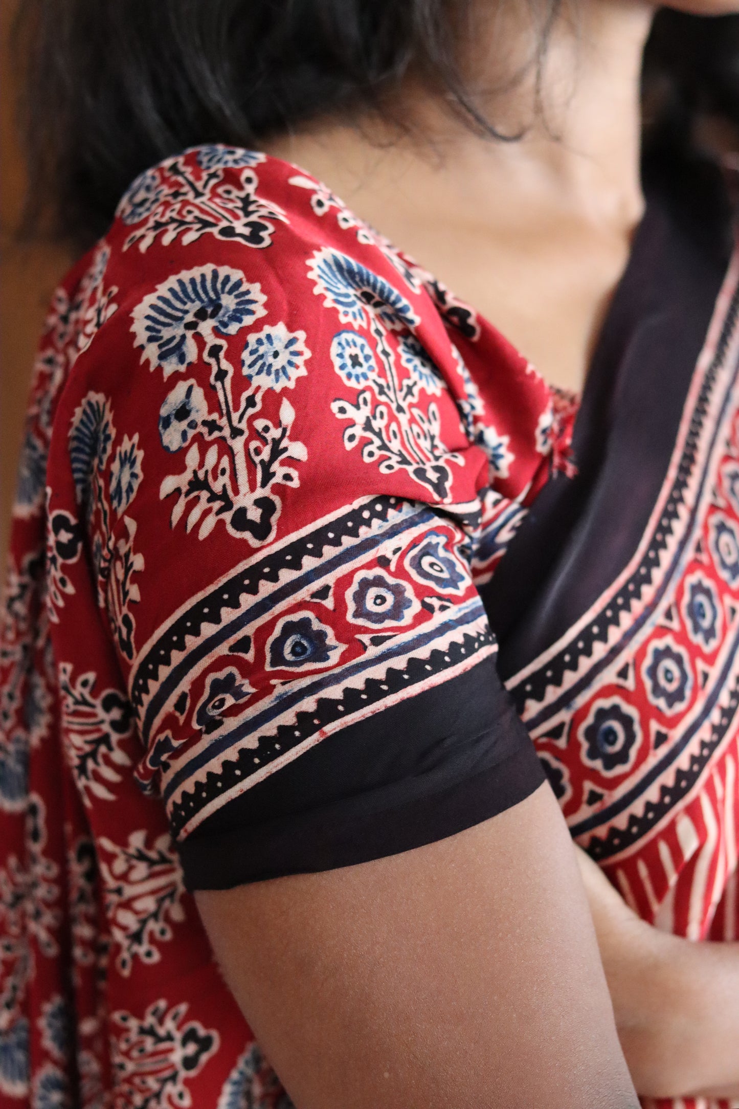 Ajrakh Modal Silk Saree - Red & Black