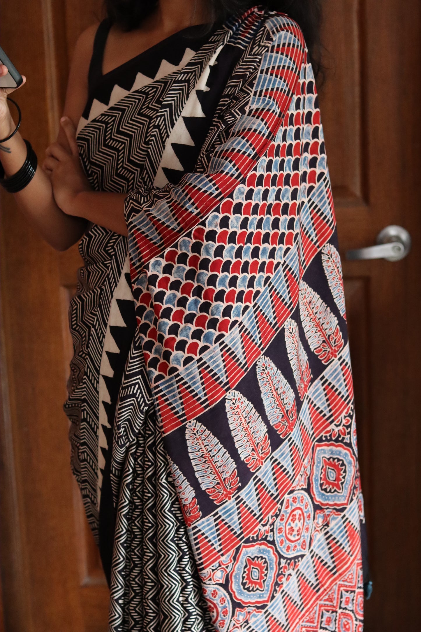 Ajrakh Modal Silk Saree - Black