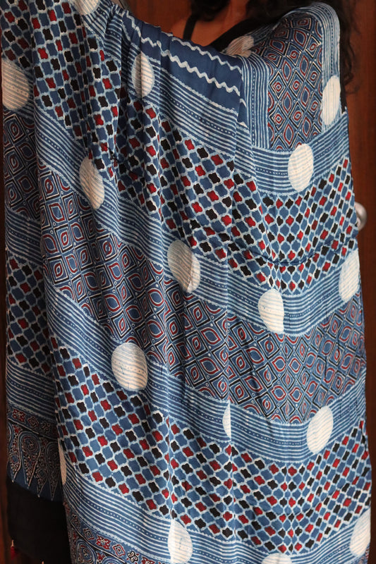 Ajrakh Modal Silk Saree - Blue