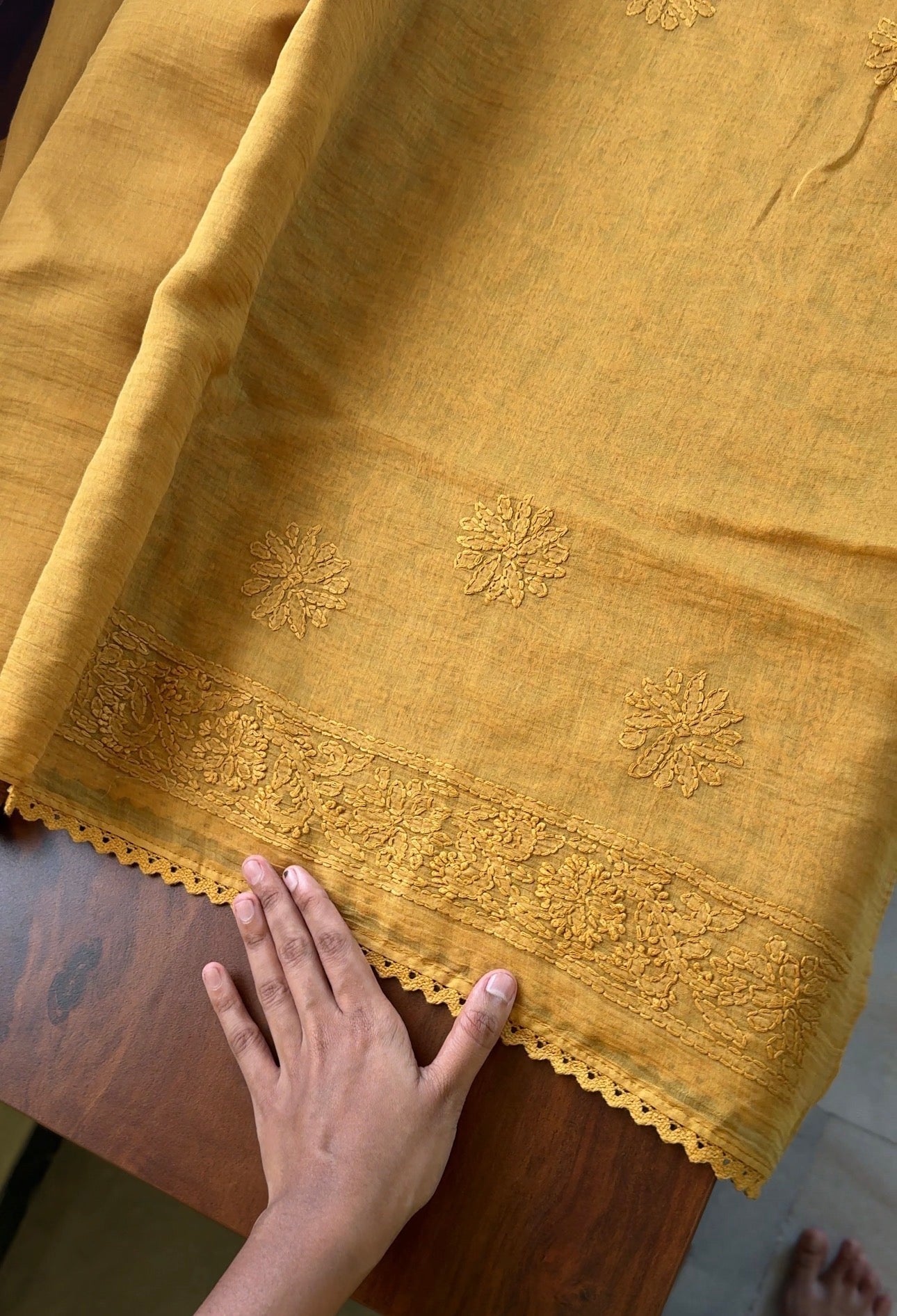 Pure Mul Chanderi Chikankari Saree with Jaal Pallu - Mustard Yellow
