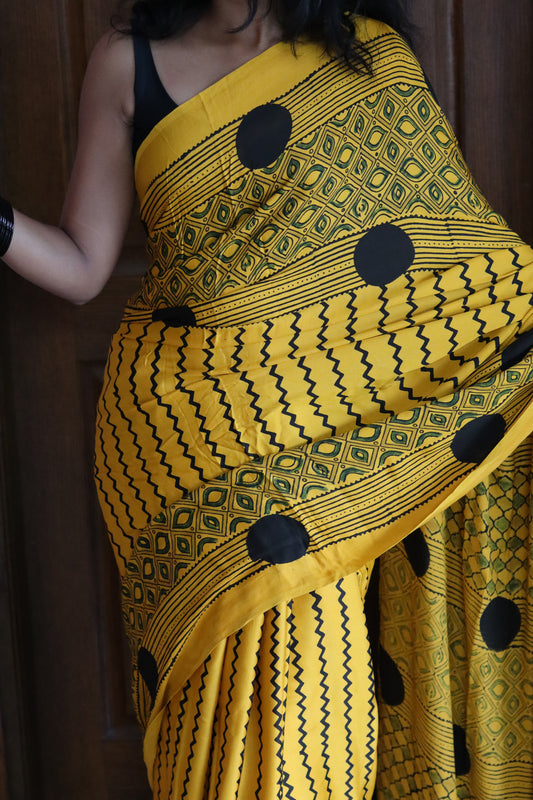 Ajrakh Modal Silk Saree - Yellow